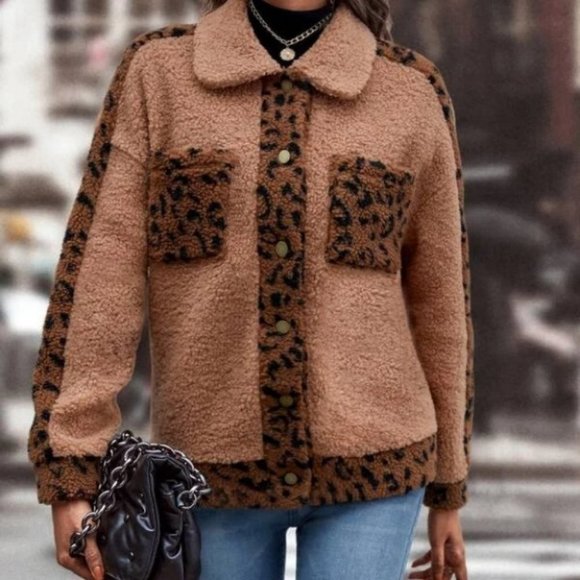 faux fur shearling Teddy Jacket Coat overcoat Leopard Printed - Picture 2 of 5
